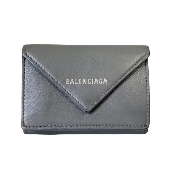 Balenciaga gray leather silver logo mini trifold wallet - Picture 1 of 9